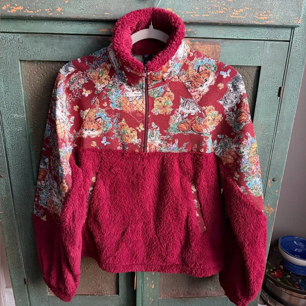 Cider Fleece Collar Floral Cat Knotted Sweatshirt - Picture 2 of 14